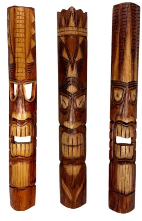 Zeckos Set of 3 Hand-Carved Wood Tiki God Wall Hanging Masks 40 Inches High - Tropical Beach Home Decor - Symbolic Deities Kanaloa, Kāne, and Lono - Unique Artisan Craftsmanship