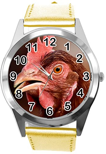 TAPORT Gold Leather Round Watch for Fans of Chicken