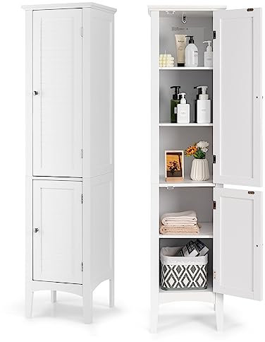 Costway Meuble de Rangement Salle de Bain, Meuble Colonne sur Pied avec Rangement à 5 Niveaux, Organisateur de Rangement pour Salle de Bains, Cuisine, Salon, 37 x 37 x 160 cm (Blanc) HW66805FR