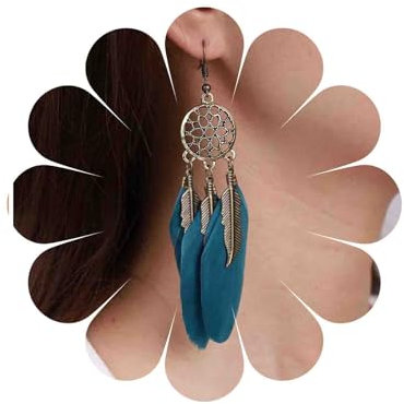 TseenYi Boho Lange Feder Quaste Ohrringe Blau Feder Tropfen Ohrringe Gold Kreis Filigran Baumeln Ohrringe Vintage Feder Fransen Ohrringe Zigeunerstamm Ohrringe Schmuck Für Frauen Und Mädchen