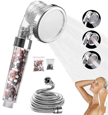Alcachofa de ducha con filtro - Ducha de baño con 3 modos y Ahorro de Agua Eficiencia A+ - Set de Baño con Manguera de Ducha de 1,5m de Acero Inox. y Kit de Piedras Minerales Adicional de filtrado