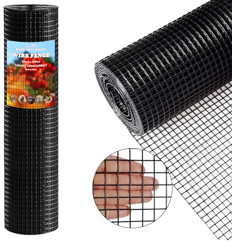 Thinkahead Black Hardware Cloth 1/2 inch 24 X 100 ft 19 Gauge Vinyl PVC Coated Wire Mesh Roll Galvanized Welding Chicken Wire Fencing, Garden Fence, Rabbit Wire, Home Improvement Project.