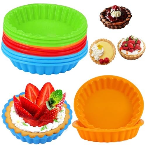 sinzau 12 Stück Silikon Mini Tarteform, 11 CM Antihaft Quicheform, Tartelette Förmchen, Mini Runde Silikonform,Tortelett Silikonbackformen, Silikon Muffinförmchen, für Tarte, Quiche, Gemischte Farbe