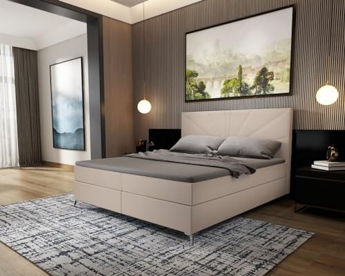 Sofa Dreams Leder Boxspringbett Lederbett Jarama Komplettbett mit Matratze und Topper - Bett in Premium Kunstleder (Beige, 140x200 cm)