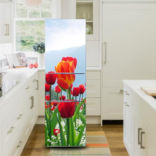 Targawerelax Fridge Wraps Kitchen Fridge Stickers Cover Full Doors, Fridge Sticker Full Covering Door Fridge Covers Decor, Freezer Skins Wall Stickers for Kitchen Decal, Red Flower Tulip