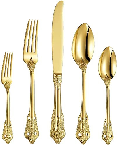 Set Posate, Servizio Posate per 12 Persone, 60 Pezzi. Set di posate lucidate a specchio, set di posate di lusso, eleganti posate da tavola per cene domestiche/importanti Oro