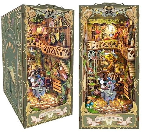STRUCWOOD Magic Book Nook Kit 3D Wooden Puzzle for Adults Decorative Bookend Stand Book Nook Bookshelf Insert Bookcase Toy for Teenagers Gift Model Kits (Green Field Mystery) SQ-15