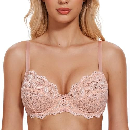 Wingslove Damen BH aus floraler Spitze Lace BH Bügel BH Ungepolstert Soft Cup Vollschalen (Rosa Beige, 80C)