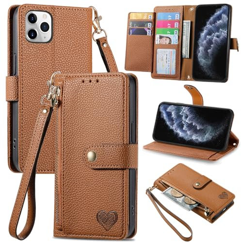 VEEMOS Zipper Wallet Case for Apple iPhone 11 Pro Phone Case with Purse Card Holders RFID Blocking Leather Flip Case Book Cover Wrist Strap Women - Brown