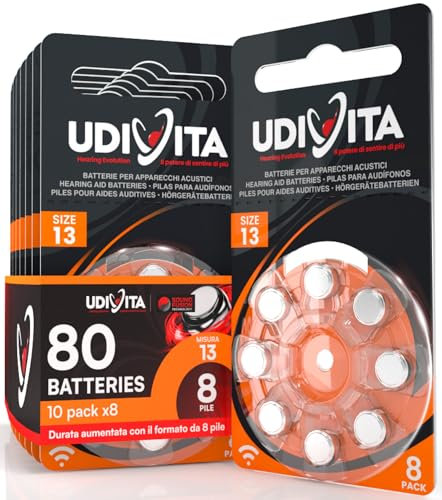 80 Piles Auditives Taille 13 Udivita PR48 (Orange) Zinc-Air Hearing Evolution avec Technologie Phono Pulse - 10 Blisters de 8 Piles