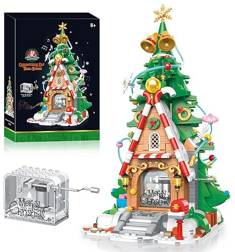 YESHIN Weihnachten Spieluhr Bausteine, 1040+ Teile Musikalischer Weihnachtsbaum Bausteine Handspieluhr Bausatz, Spielzeug für Kinder ab 8 Jahren, Weihnachtsdekoration für Zuhause