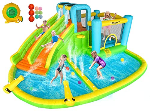FBSPORT Castillo Hinchable Grande con Ventilador para niños Grandes 545 x 365 x 218 cm tobogán seco y de Agua, Adecuado para niños, Castillo Children's Bouncy para Uso Interior o Exterior Verde