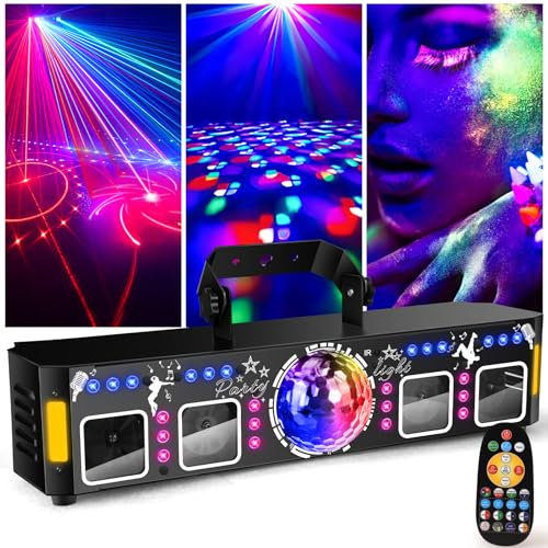 Fwiull 6-in-1 Discolicht Partylicht mit Fernbedienung, Musikgesteuerte RGB DJ Disco Lichter, DMX Party Lichter mit 125 Lichtmuster, RGB und Goldenes Stroboskop für Party, Club, Halloween, Weihnachten