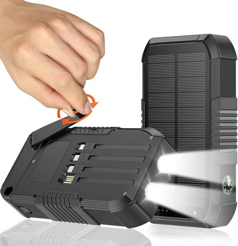 Chargeur solaire 66 800 mAh avec manivelle intégrée et 4 câbles 22,5 W à charge rapide, 6 sorties et 4 entrées SOS/stroboscope/lampes de poche de camping puissantes, chargeur solaire portable (noir)