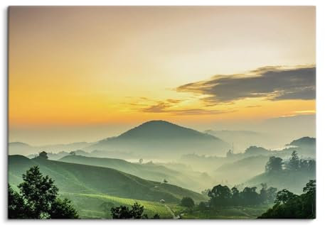 Paul Sinus 100x70cm Wandbild Nebelige Hügellandschaft bei Sonnenaufgang – Beruhigende Morgenstimmung, grüne Naturkulisse