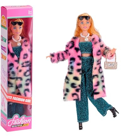 Fashion Puppe mit Regenbogen-Plüschmantel, Glitzer-Outfit, Modische Accessoires, Spielzeug für Kinder