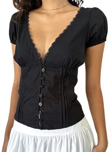 Fairy Grunge Crop Top für Frauen,Kurzes Cap Sleeve Lace Trim T-Shirt,Deep V Neck Lace Trim Buton Up Tops,Sommer Babydoll Shirts Streetwear (A1 Black, S)