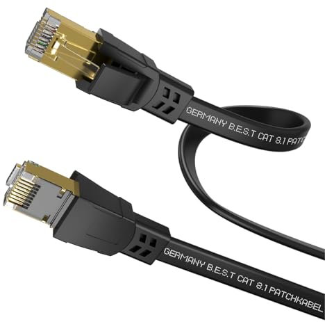 Cat 8.1 LAN Kabel Flach 10m – High Speed Ethernet Netzwerkkabel 40 Gbit/s 2000 MHz Patchkabel RJ45 S/FTP PiMF Kupfer – Internetkabel für PC, Router, Modem, Switch, Smart TV, PS5, Xbox – Schwarz