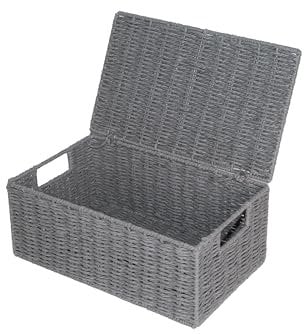Wickerfield Handwoven Paper Rope Storage Box with Lid for Home Office Organisation Storage Basket (Grey, Small)