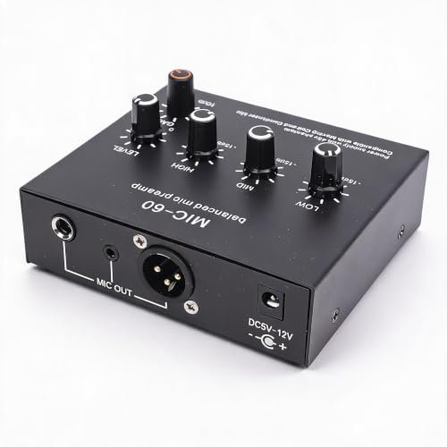 Microphone Preamp Mic Gain Booster with 3 Input 60db Gain 48V Power, 3.5mm 6.35mm XLR Interface, for Dynamic and Condenser Mic