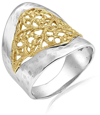 JEAN RACHEL JEWELRY Zweifarbiger Ring aus gemischtem Metall für Damen – 925er Sterlingsilber & 14 Karat Gold – Filigranes Statement – läuft nicht an, nickelfreie Passform, 9, Gelbgold und
