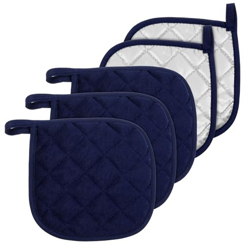 Tyqour 5 Stück Große Quadratische Topflappen Baumwolle,Blau Topflappen Handschuh für die Küche Hitzebeständige Wattepads Frottee-Topflappenmatten Untersetzer Heiße Pads zum Kochen Backen Ofen Pfanne