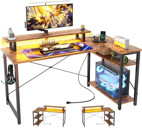 iSunirm Scrivania Gaming a L,120x70 cm Scrivania ad Angolo Computer,Scrivania Angolare con Supporto,Tavolo a L per Casa Ufficio,Scrivania Gaming Gamer Informatica,Marrone Rustico