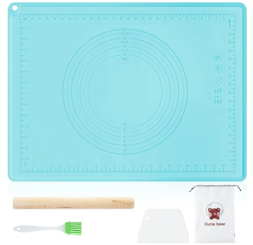 FEMONGY Nudelholz mit backmatte silikon, Teigroller holz + Schaber + Ölbürste + Aufbewahrungstasche, Teigroller silikon, Geeignet für Pizza, Nudelteig, Kekse, Kuchen usw, Blau, 45 x 65 cm