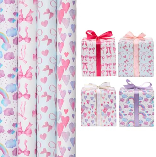 Pink Gift Wrapping Paper Roll, 4 Rolls 43cm x 3M Bow Pattern Wrapping Paper for Birthday Valentine's Day Gift Decoration