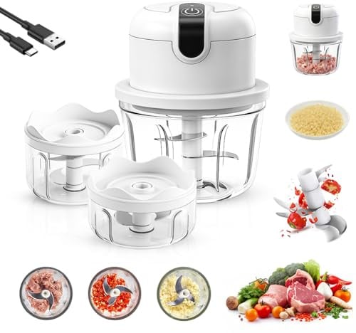 Mini tritatutto elettrico per cipolle, 100 + 200 + 350 ml, robot da cucina senza fili, tritacarne elettrico per carne, cipolle, frutta e verdura