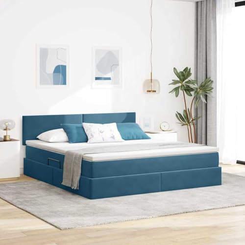 Kaloriko Bett mit Stauraum und LED, Dunkelblau 160x200 cm Samt, Hydraulischer Lift, King Size Bettrahmen, Modernes Schlafzimmer Möbelstück
