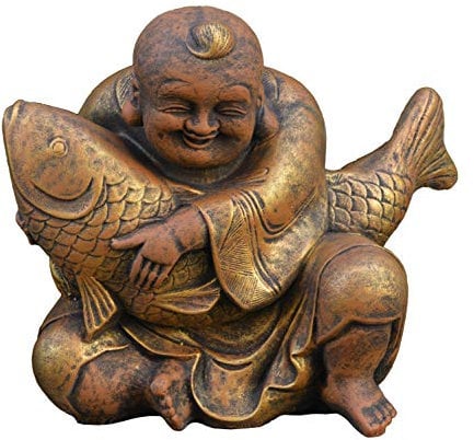 gartendekoparadies.de Buddha mit Koi Karpfen, Steinfigur, H. 33 cm, 21 kg, Grau, frostsicher aus Steinguss für Außenbereich (Gold)