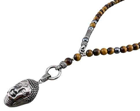 Halskette Y-Kette Rosenkranzkette aus Tigerauge Perlen braun für Herren Damen Schmuck mit Anhänger Lilie oder Buddha K83