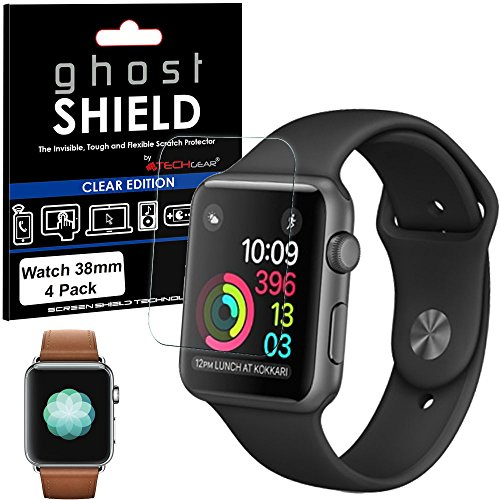TECHGEAR [4 Pack] Screen Protectors to fit Apple Watch 38mm [ghostSHIELD Edition] Genuine Reinforced Flexible TPU Screen Protector Guard Covers with Full Coverage inc Curved Screen [Series 3 2 1]