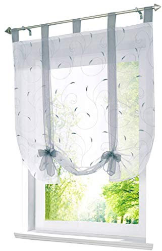 Raffrollo mit Stickerei Band Raffgardinen Voile Transparent Schlaufen Vorhang (BxH 60x140cm, Silber)