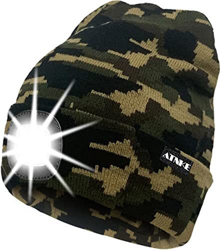 ATNKE LED Beleuchtete Mütze,Wiederaufladbare USB Laufmütze mit Licht Extrem Heller 4 LED Lampe Winter Warme Stirnlampe für Herren und Damen Geschenke/Camouflage Green