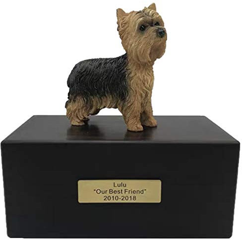 Personalized Rosewood Custom Pet Ashes Urn with Statue Customisable Engraved Nameplate for Dog and Cat Name and Date Pets Box Cremation Funeral Keepsake Urns for Dogs Cats Memorial (Yorkshire Terrier)