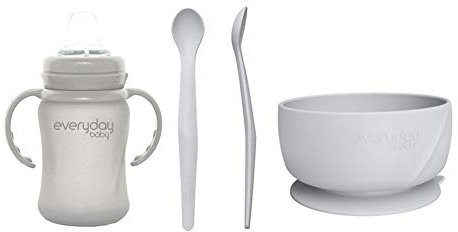 Everyday Baby Set Repas et Boisson, Dès 4 Mois, 1 Gobelet en Verre Sippy Cup (150 ml), 1 Bol en Silicone, 2 Cuillères en Silicone, Quiet Grey, 4 Pièces, 30820 0303 01