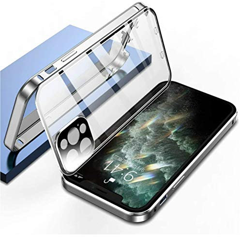 Doppelseitige Schnallenhülle für iPhone 12,Doppelte Sicherheitsverriegelung Stoßfängergehäuse aus gehärtetem Glas, eingebauter Kameraobjektivschutz (für iPhone 12 Pro max, Silber)