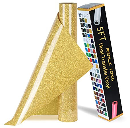 RENLITONG Gold Glitter HTV Heat Transfer Vinyl Rolls - 12 Inch x 5 feet Iron on Vinyl for T-Shirt and Silhouette, Easy to Cut & Weed for Heat Transfer Design (Glitter Gold)