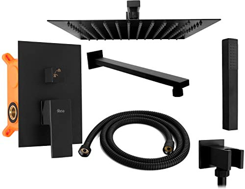 Rea Unterputz Duschsystem Fenix Black + BOX Duschset Duscharmatur mit Duschkopf und Kopfbrause aus Messing/Edelstahl Duschgarnitur für Badezimmer (Schwarz)