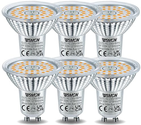 WSMCN GU10 LED Dimmbar Warmweiss Lampe, 6W Ersetzt 70W Halogen Leuchtmittel, 3000K 630lm Dimmbare LED Spots, 120° Abstrahlwinkel Energiesparlampe, Kontinuierlich Dimmen über Dimmer, 6 Stücke