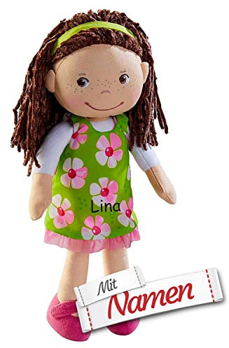 HABA Stoffpuppe mit Namen Bestickt, Erste Baby Puppe zum kuscheln, Weiche Mädchen Kuschelpuppe, Kinder Geschenk-Idee Babypuppe als Taufgeschenk (Coco)