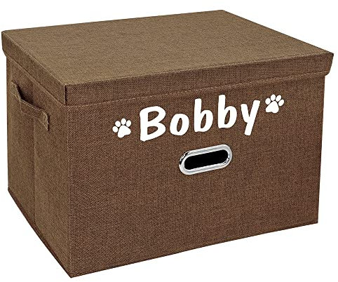 HHWY Personalized Pet Toy Storage Box Folding Dog Toy Clothes Basket Boxes Free Customized Storage Baskets with Lid Name Paw Print Personalized Dog Cat Storage Basket Box Pet Supplies (L,Brown)