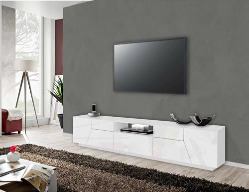 Dmora - Mobile porta TV Jacopo, Credenza bassa da soggiorno, Base porta televisione, 100% Made in Italy, cm 220x43h46, Bianco lucido