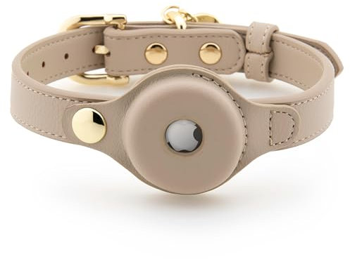 Nina Woof Cupertino Hundehalsband aus veganem Leder, gepolstert und verstellbar mit Tracker-Halterung, Beige, Größe S (Hals 30-38 cm)