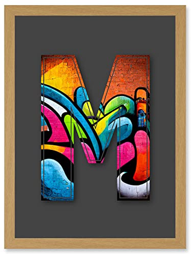 Wee Blue Coo Letter M Tagging Orange Blue Pink Decorative Graffiti Mural Alphabet Initial Stencil Artwork Framed Wall Art Print A4