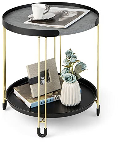 COSTWAY Round Side Table, 2-Tier Faux Marble Nightstand Bedside Sofa End Table with Removable Tray, Modern Gold Metal Frame Small Coffee Snack Tea Table for Living Room, Bedroom and Office