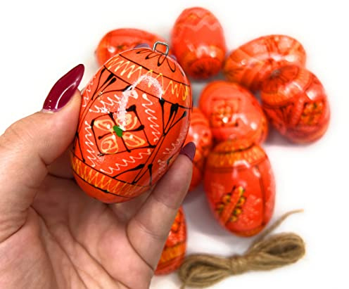 Ukrainisches Kunsthandwerk® 12 Holz Ostereier Orange – Traditionelle Bemalung – mit Stabiler Metallöse & Naturfaden – Sofort dekorierfertig