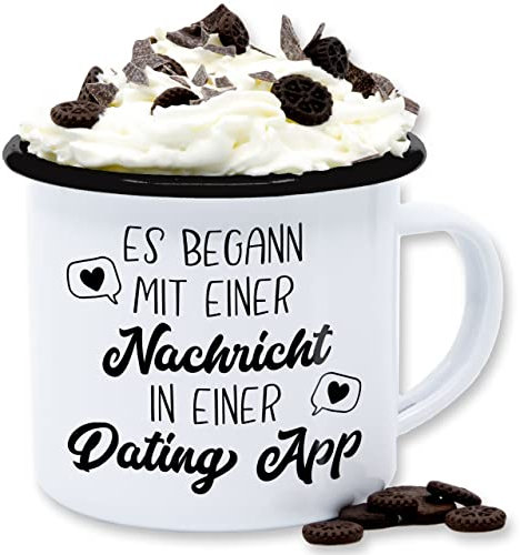 Emaille Tasse Blechtasse - Valentinstag Partner Freund & Freundin - Es begann mit einer Nachricht Dating App - 300 ml - Weiß Schwarz - tasse+zum+valentinstag valentinstasse valentinstagsgeschenke